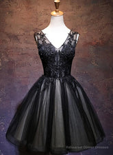 Adorable Black V-neckline Lace and Tulle Party Dress, Short Prom Dress